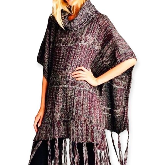 Cowl Neck Tassel Trim Knitted Poncho Cape NEW - Picture 1 of 4